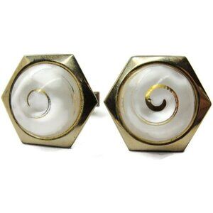 Vintage Cufflinks Center White w Gold Tone Swirl  Round Hexagon Gold Tone Shirt